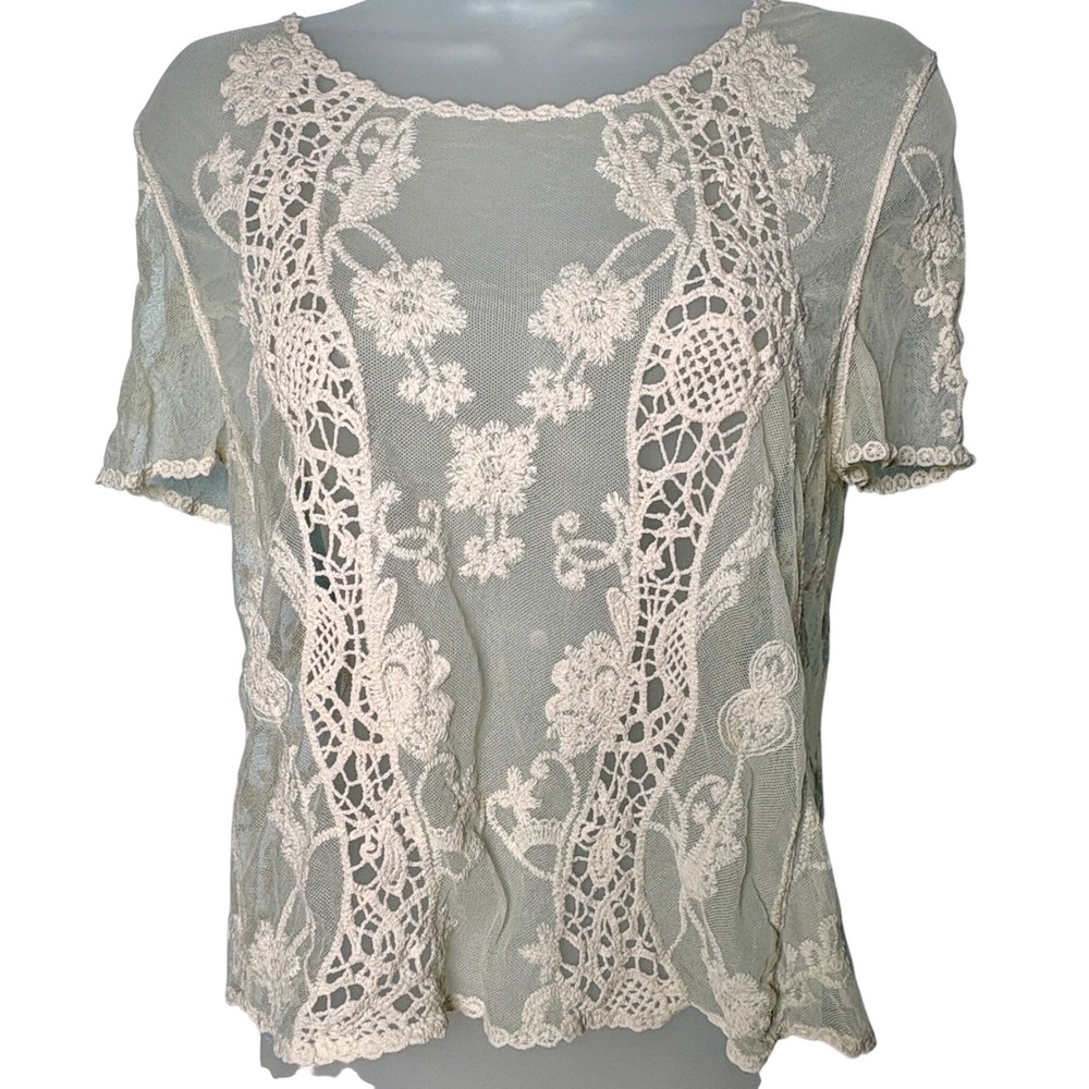 Zara‎ Small Cream Mesh Lace Floral Short Sleeve Romantic Boho Blouse top cottage